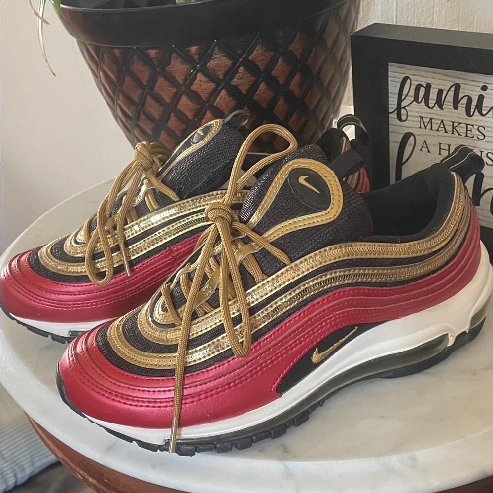 Nike Women's Air Max 97 Red and Gold Sneakers